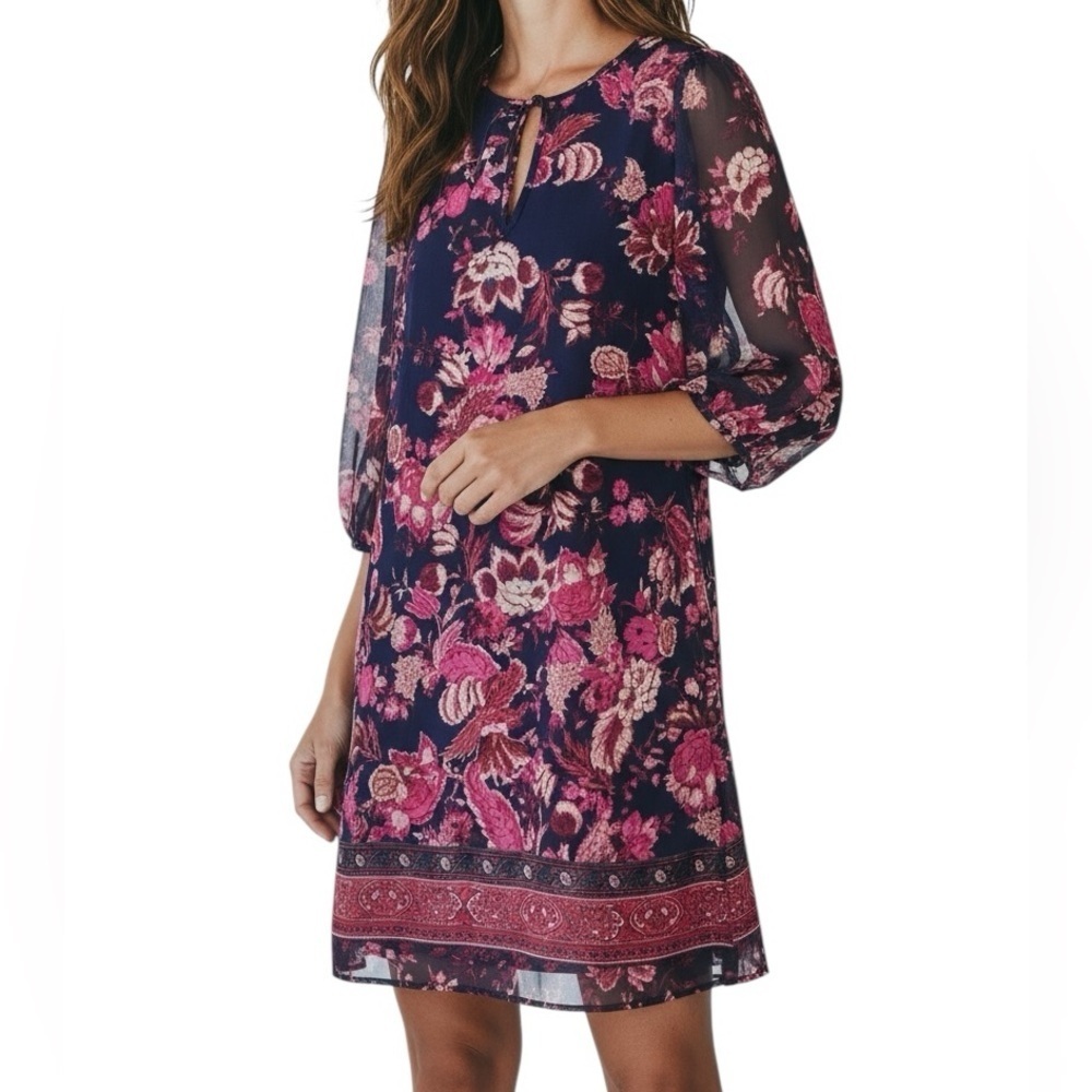 NWT VINCE CAMUTO Paisley Blue & Pink Sheer Sleeve Keyhole Tie Neck Dress Size 10
